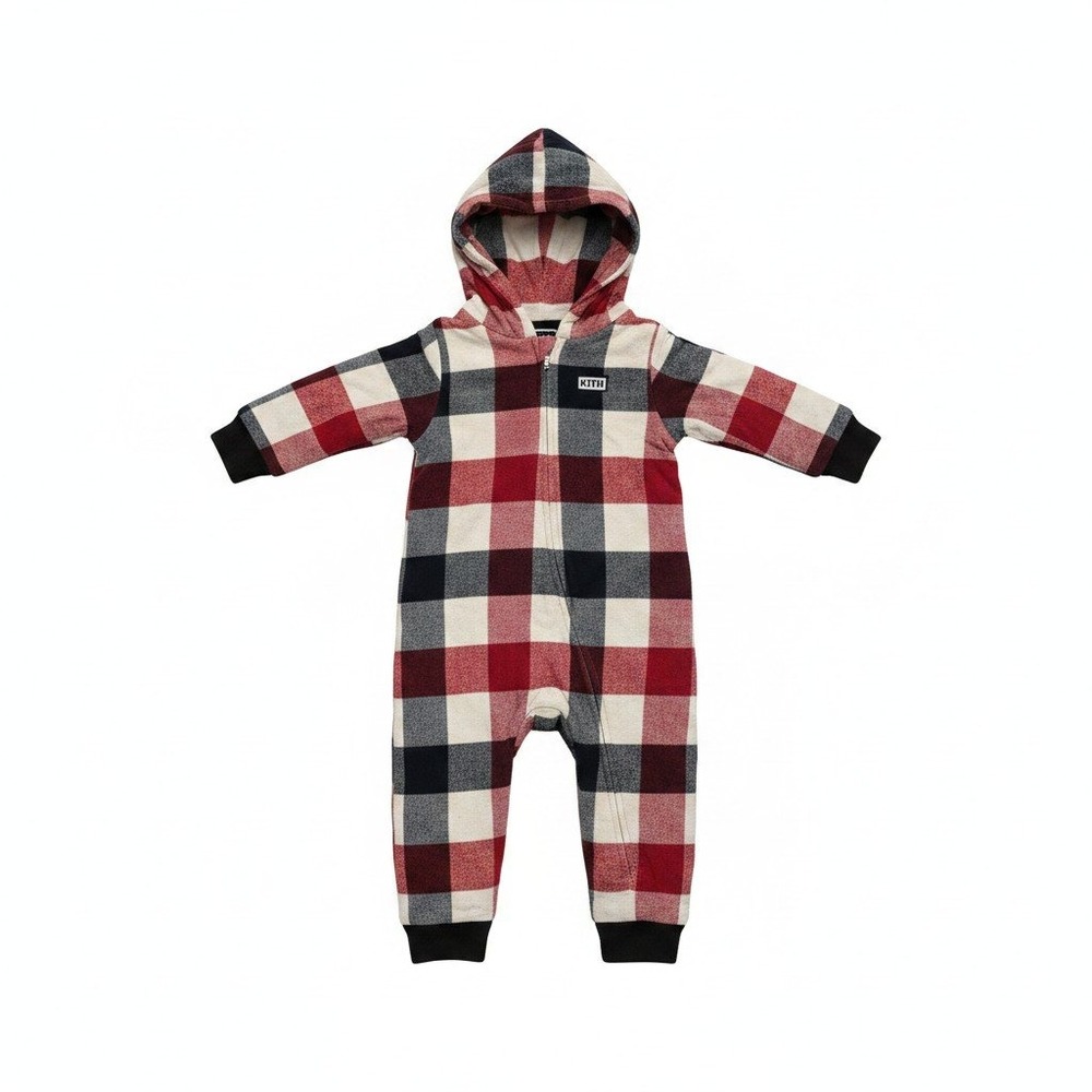 Kith Kids Plaid Hooded Onepiece Romper Jumpsuit Red Cream Blue Size 3-6 Months